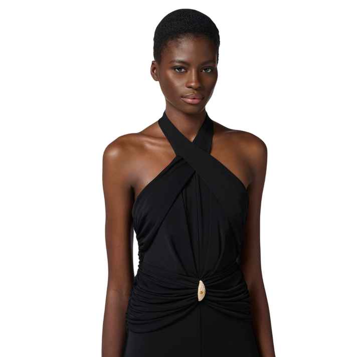 Abito midi nero da donna con scollo incrociato