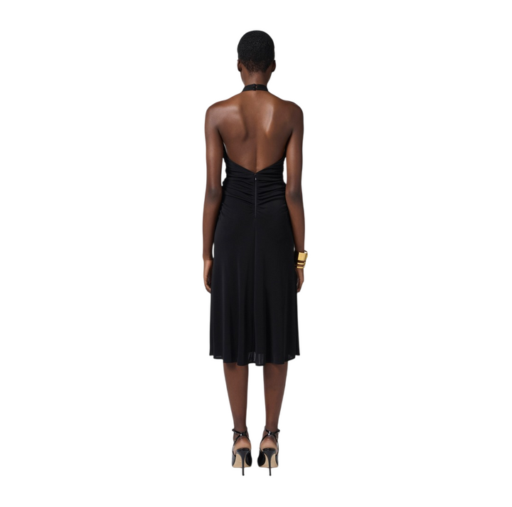 Abito midi nero da donna con scollo incrociato