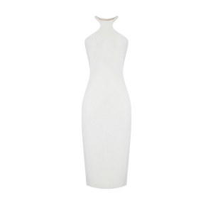 Abito Gioiello Elisabetta Franchi in Crepe Avorio con Dettagli Oro e Silhouette Elegante