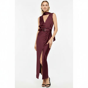 Abito midi donna lungo bordeaux scollo a v e cintura