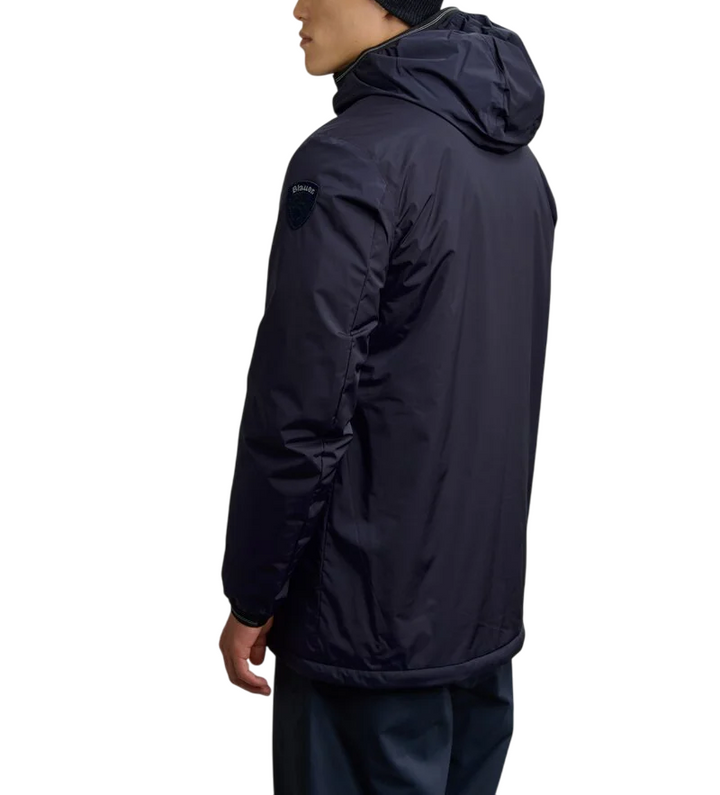 Piumino nastrato da uomo con ecopelliccia blu