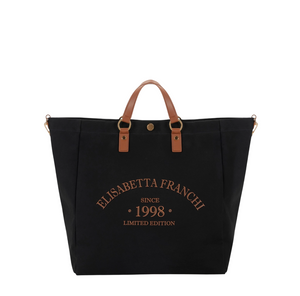 Borsa tote in canvas nero/cuoio