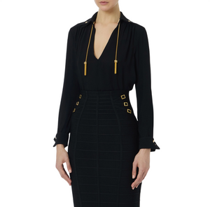 Camicia nera da donna in georgette con dettagli gioiello