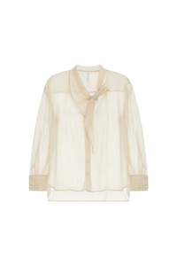 Blusa da donna trasparente con maniche lunghe e fiocco color burro