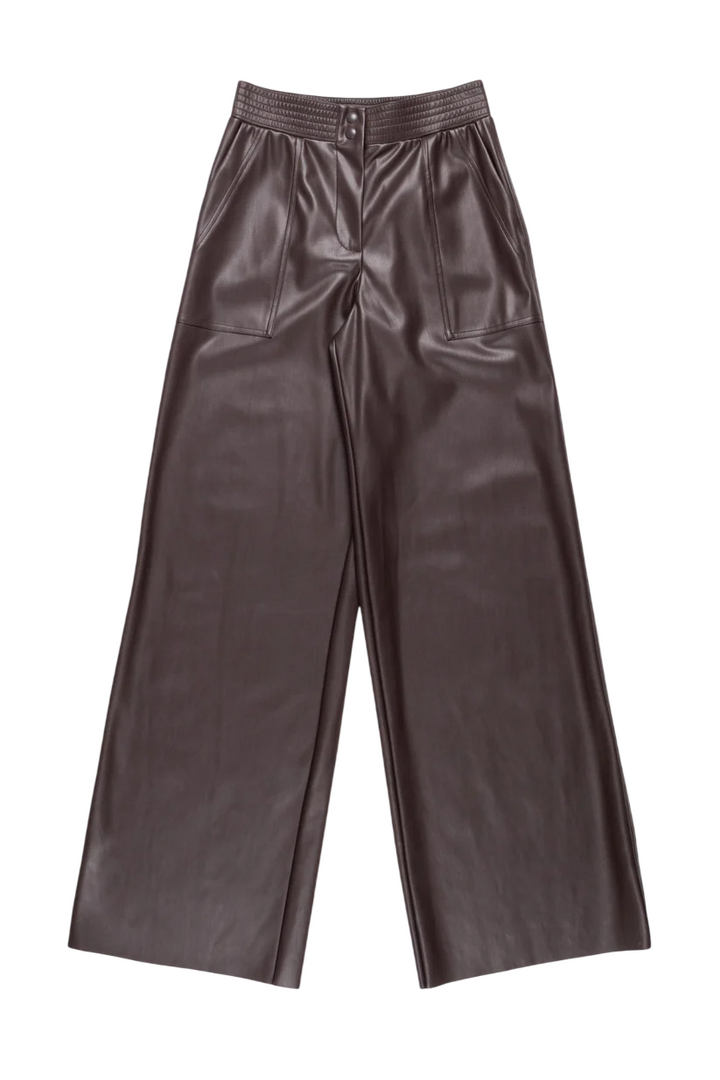 Pantaloni da donna a gamba larga in ecopelle moka