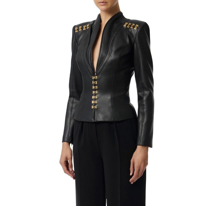 Giacca da donna in pelle sintetica con ganci gioiello nera