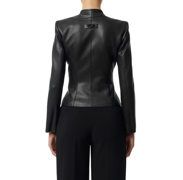 Giacca da donna in pelle sintetica con ganci gioiello nera