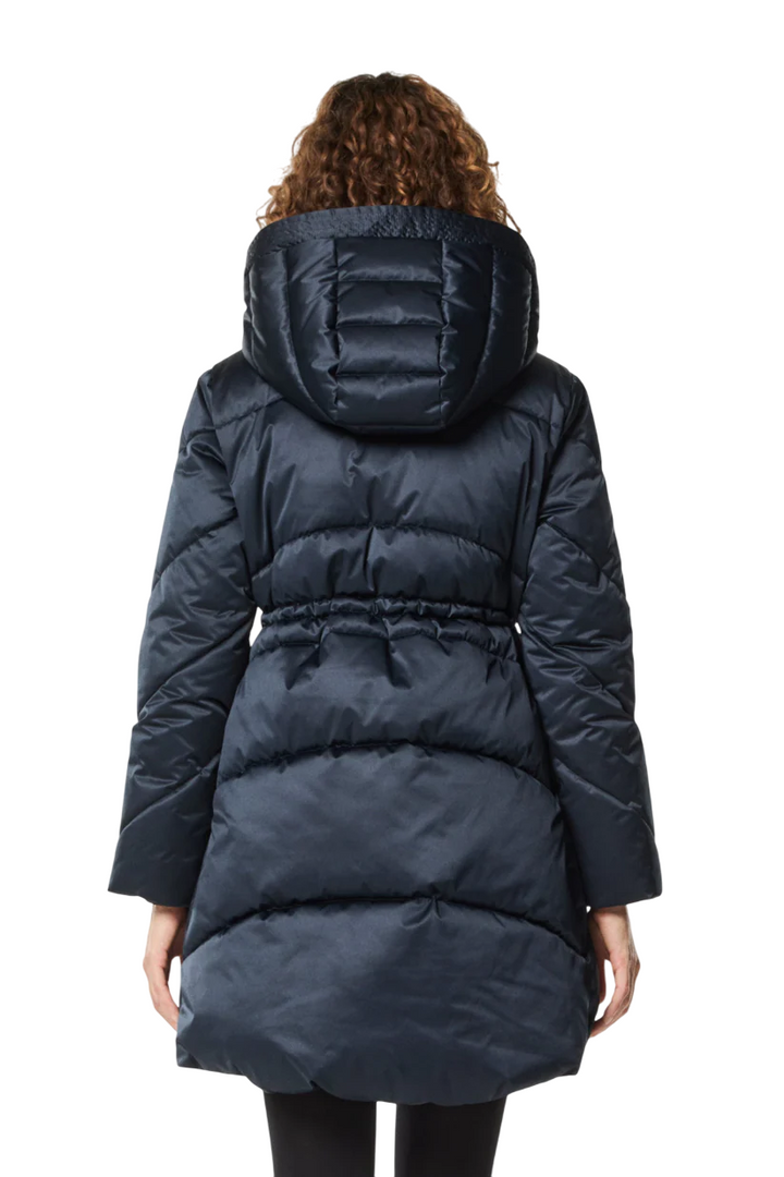 Piumino da donna lungo on cappuccio in tessuto raso blu navy