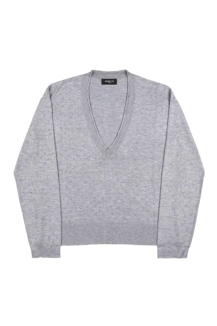 Maglia a V da donna con strass grigio medio