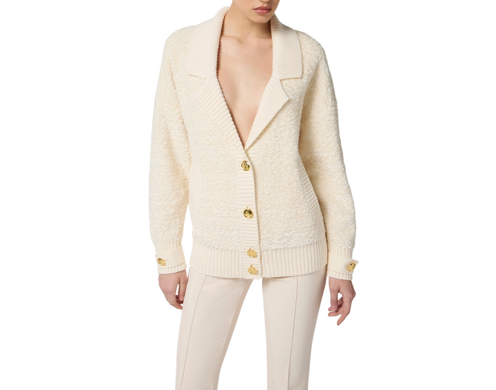 Cardigan in ciniglia bouclé con bottoni gioiello