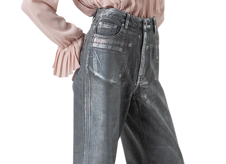 Jeans wide leg da donna in cotone spalmato grigio