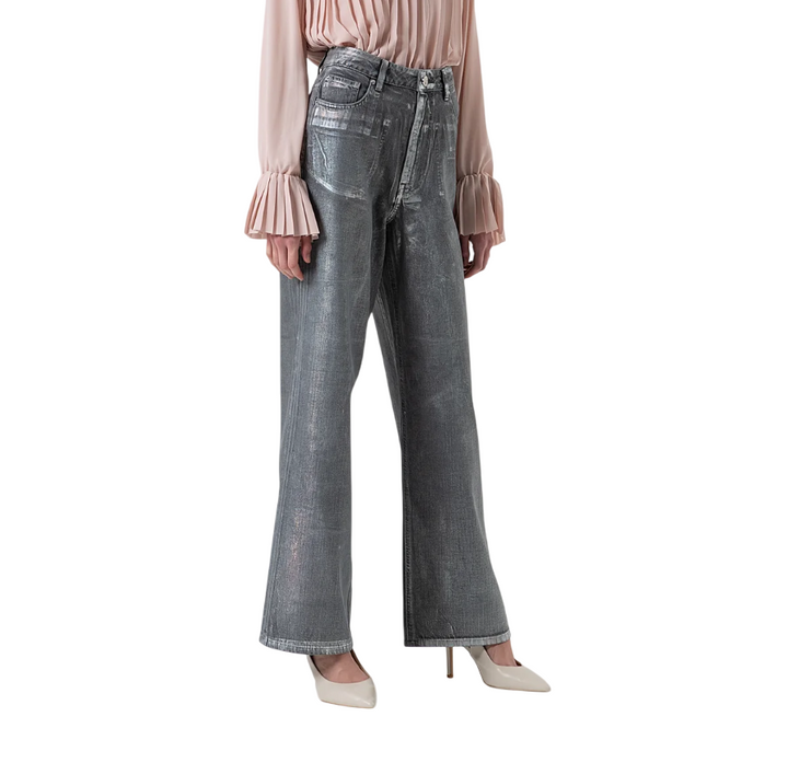 Jeans wide leg da donna in cotone spalmato grigio