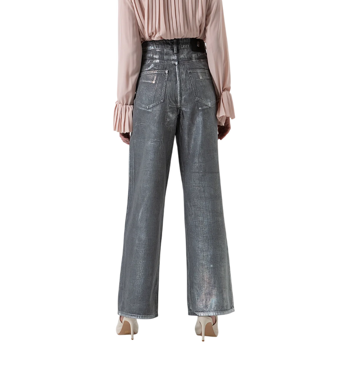 Jeans wide leg da donna in cotone spalmato grigio