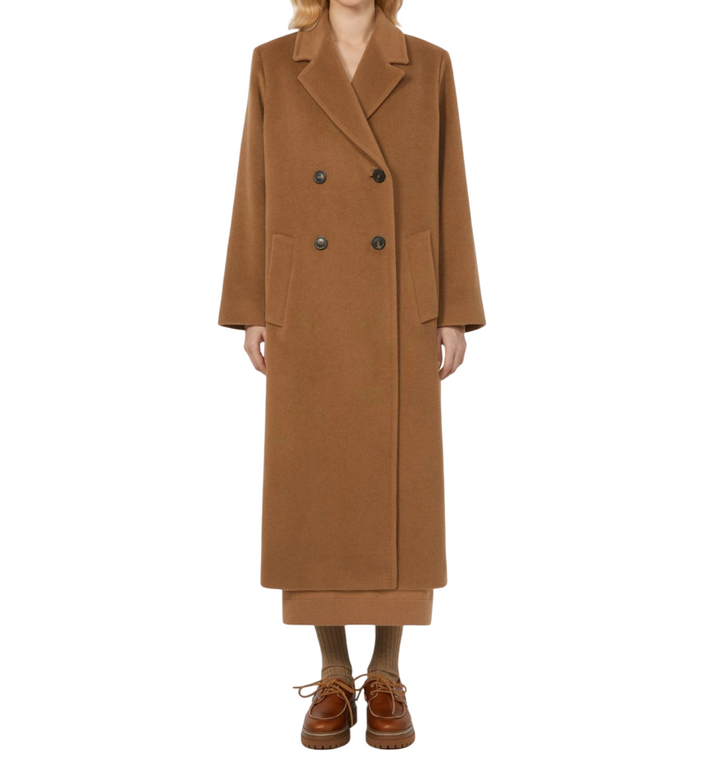 Cappotto lungo da donna doppiopetto cammello