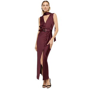 Abito midi donna lungo bordeaux scollo a v e cintura